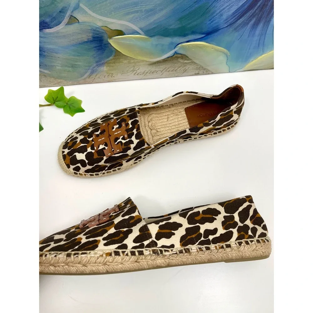 New Tory Burch Ines‎ Leopard Print Canvas Espadrille Flats Brown Tan Women 9.5